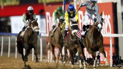 Victor Espinoza (R) from the USA, on California Chrome, celebrates after winning the Dubai World Cup main race during the Dubai World Cup 2016 at the Meydan race course in Gulf Emirate of Dubai, United Arab Emirates, 26 March 2016.The Dubai World Cup is one of the richest events in the horse racing sporting calendar. EPA/ALI HAIDER