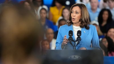 Democratic presidential nominee Vice President Kamala Harris speaks at a campaign event in Raleigh, North Carolina. AP