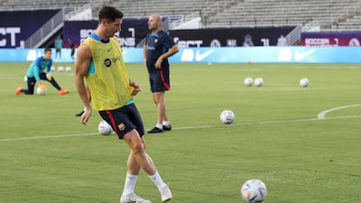 Barcelona's Robert Lewandowski during training in Dallas ahead of their friendly against Juventus. EPA