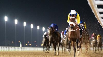 Dane O’Neill was aboard Mubtaahij when he won the UAE 2000 Guineas Trial at Meydan on New Year’s Eve. Pat Dobbs gets the honour tonight. Neville Hopwood / Racingfotos.com