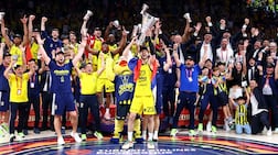Fenerbahce Beko Istanbul lifts the trophy after beating Monaco in the 2025 EuroLeague Final Four championship game at Etihad Arena in Abu Dhabi. Getty Images