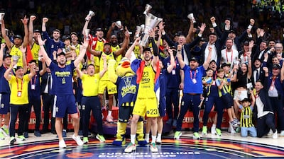 Fenerbahce Beko Istanbul lifts the trophy after beating Monaco in the 2025 EuroLeague Final Four championship game at Etihad Arena in Abu Dhabi. Getty Images