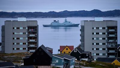 A warship carrying hundreds of troops from European Nato countries takes part in military exercises in the Arctic Ocean, off Nuuk, Greenland. AP