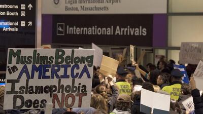 Protesters gather at the international arrivals of Boston’s Logan International Airport after people arriving from Muslim-majority countries were held at the border control as a result of the new executive order by US president Donald Trump in Boston, Massachusetts, USA, 28 January 2017. John Cetrino/EPA