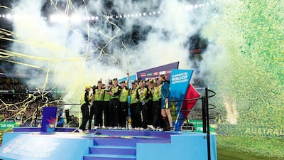 Australia captain Meg Lanning lifts the T20 World Cup trophy after beating India in Melbourne on Sunday, March 8. Getty