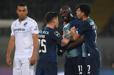 FC Porto's Moussa Marega (3-L) leaves the pitch after racist insults during the Portuguese First League soccer match between Vitoria de Guimaraes and FC Porto, held at D. Afonso Henriques stadium in Guimaraes, Portugal, 16 February 2020. Hugo Delgado / EPA