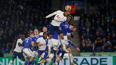 Tottenham Hotspur's Lucas Moura wins a header in the Leicester box. Reuters