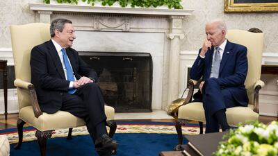 US President Joe Biden meets Italian Prime Minister Mario Draghi in the Oval Office of the White House. Bloomberg