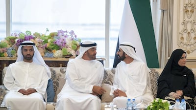 Sheikh Mohamed bin Zayed sits with Sheikh Mohamed bin Rashid and Sheikh Mohamed bin Saud, and Dr Amal Abdullah Al Qubaisi, Speaker of the Federal National Council. Mohamed Al Hammadi / Ministry of Presidential Affairs