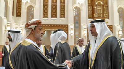 Khaldoon Al Mubarak, chief executive and Managing Director Mubadala, Chairman of the Abu Dhabi Executive Affairs Authority and Abu Dhabi Executive Council Member, offers condolences to Sultan Haitham bin Tariq of Oman. Mohamed Al Hammadi / Ministry of Presidential Affairs