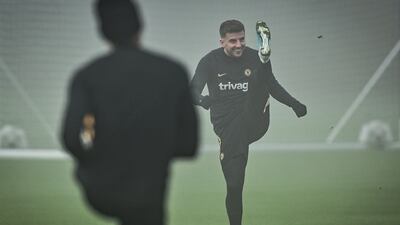 Chelsea's Mason Mount stretches during training. AFP