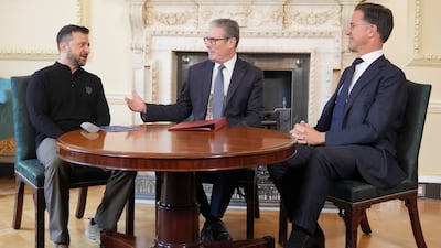 Ukrainian President Volodymyr Zelenskyy, left, UK Prime Minister Keir Starmer, centre, and Nato Secretary General Mark Rutte meeting in London. Getty Images