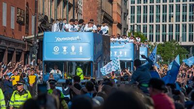 Manchester City's players reacts on top of the bus during the Champions Parade, Manchester, Britain. EPA