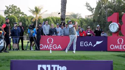 Christiaan Bezuidenhout tees-off during the play-off on the 18th hole at the Omega Dubai Desert Classic. Chris Whiteoak / The National