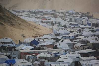 Tents and makeshift shelters at a camp for displaced residents in Khan Younis, southern Gaza. AFP