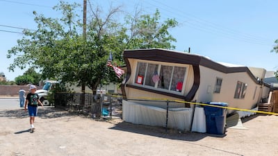 A mobile home Ridgecrest, southern California that was knocked off its foundation by an earthquake on July 4, 2019. The areas was hit by a stronger tremor the following day. The Daily Press via AP