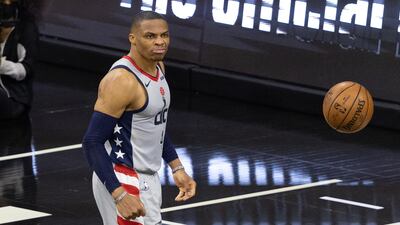 Washington Wizards guard Russell Westbrook reacts after a dunk against the Philadelphia 76ers at Wells Fargo Centre. USA TODAY Sports