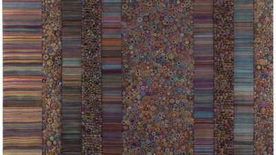 Untitled by Hadieh Shafie (Iranian, b.1969), set a new world auction record for the artist when selling for £85,000 / (Dh397,545). This work combined two distinct techniques of the artist, the tightly wounded scrolls and the linear stacks of paper.