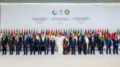 Heads of state, leaders and other officials pictured during an emergency Arab-Islamic summit in Doha on Monday. AFP