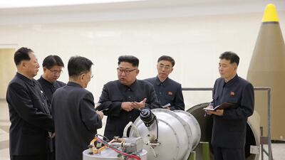 North Korean leader Kim Jong-un discusses his country's nuclear weapons programme in a photo released by the Korean Central News Agency on September 3, 2017, the day the country declared itself a thermonuclear power after carrying out a sixth nuclear test more powerful than any it has previously detonated. KCNA via Reuters