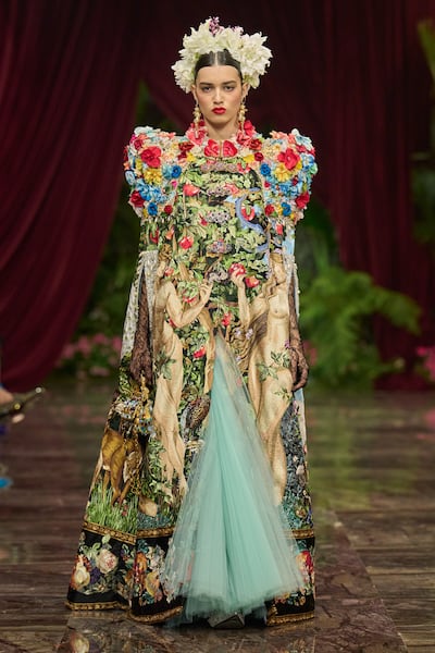 Flowers, bohemia, and celestial bodies are all running themes in the Alta Moda 2026 show. Photo: Dolce & Gabbana