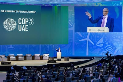 Bill Gates speaks at Cop28, in Dubai, in late 2023. EPA