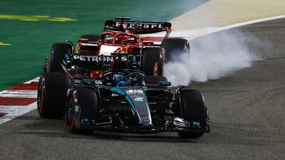 George Russell of Mercedes and Charles Leclerc of Ferrari battle. Getty Images