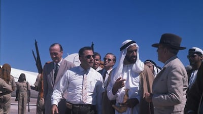 Sheikh Zayed talks with oil industry executives on Das Island in 1962.