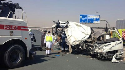 Thirteen people died and 16 were injured when a bus crashed into a truck parked on the side of Emirates Road early Saturday morning. According to Dubai Police the bus was carrying 29 Asian labourers when it crashed after the Dubai Club bridge in the direction of Al Ruwaiyah. Courtesy Dubai Police
