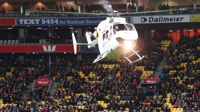 Helicopter delivers the match ball between the Hurricanes and the British & Irish Lions at Westpac Stadium on Tuesday in Wellington. Mark Tantrum / Getty Images