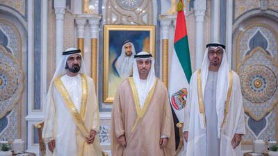 President Sheikh Mohamed and Sheikh Mohammed bin Rashid with Ahmed Al Falasi, who is the new Minister for Education. Photo: @HHShkMohd / Twitter
