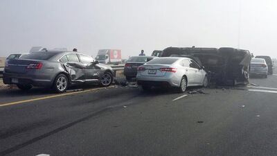 One of the Sheikh Zayed Road pile-ups that police say were caused by fog, tailgating and speed. Courtesy Dubai Police
