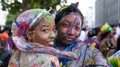 Revellers covered in paint as the opening of the Notting Hill carnival begins with 'J'Ouvert' in London. The Notting Hill Carnival has returned after a two-year break due to the Coronavirus pandemic. Getty Images