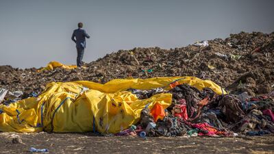 Wreckage lies at the scene where the Ethiopian Airlines Boeing 737 Max 8 crashed. AP Photo