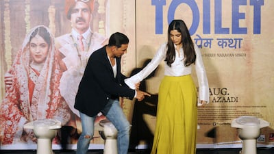 Akshay Kumar and Bhumi Pednekar attending a press conference for the Hindi film Toilet: Ek Prem Katha in Mumbai. AFP