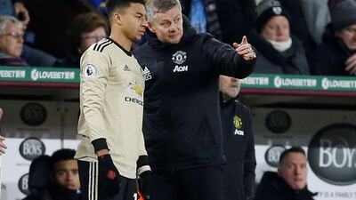 Manchester United manager Ole Gunnar Solskjaer gives instructions to Jesse Lingard during last month's Premier League match against Burnley. Reuters