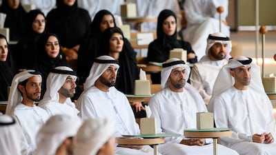 From left, Sheikh Mohamed bin Khalifa; Sheikh Tahnoon bin Khalifa; Maj Gen Faris Al Mazrouei, Abu Dhabi Executive Council member, Commander-in-Chief of Abu Dhabi Police, and chairman of the Abu Dhabi Emergency Crisis and Disasters Committee; Mansour Al Mansouri, member of the Abu Dhabi Executive Council and chairman of the Department of Health; and Dr Thani Al Zeyoudi, Minister of State for Foreign Trade, attend the lecture