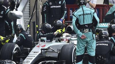 Mercedes-GP driver Lewis Hamilton is pictured in the pits during the Mexican Grand Prix at Autodromo Hermanos Rodriguez in Mexico City, November 1, 2015. REUTERS/Ronaldo Schemidt/Pool