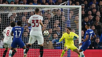 Pierre-Emerick Aubameyang scores for Chelsea. PA