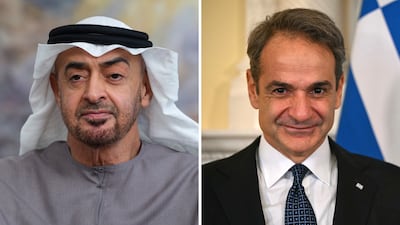 President Sheikh Mohamed and Greece's Prime Minister Kyriakos Mitsotakis spoke in a telephone call. Ministry of Presidential Affairs / Getty Images