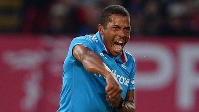 England's Chris Jordan celebrates after taking the wicket of Sri Lanka's Mahela Jayawardene during the fifth one-day international cricket match between England and Sri Lanka on Tuesday. Andrew Yates / AFP / June 3, 2014