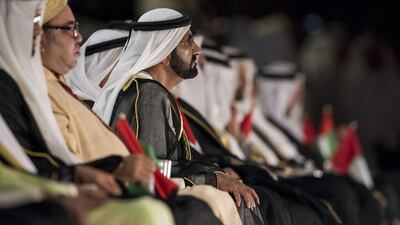 Sheikh Mohammed bin Rashid, Vice President and Ruler of Dubai (C), attends the 44th UAE National Day celebrations held at Zayed Sports City. Seen with King Mohammed VI of Morocco (2nd L). Rashed Al Mansoori / Crown Prince Court - Abu Dhabi