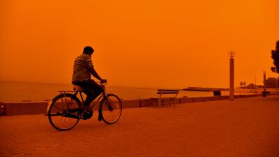 A man rides a bicycle during a heavy dust storm in Kuwait City. EPA