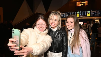 Saoirse-Monica Jackson (C) poses with fans after the launch of Derry Girls - Series Three on April 7, 2022 in Derry/Londonderry, Northern Ireland. Getty Images