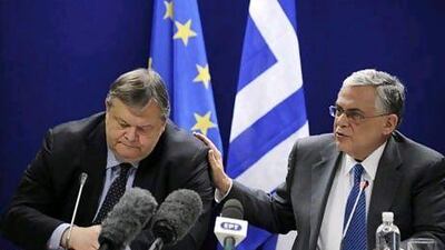 Greek finance minister Evangelos Venizelos, left, and Greek prime minister Lucas Papademaos. AFP