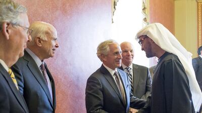 Sheikh Mohamed greets US senators Bob Corker, Mitch McConnell, John McCain and Mr Cardin. Ryan Carter / Crown Prince Court Abu Dhabi