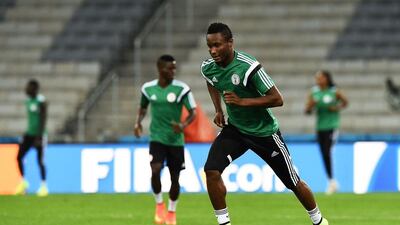 John Obi Mikel shown at a Nigeria training session on June 15, 2014, ahead of their World Cup 2014 opener agains Iran on Monday. Jewel Samad / AFP
