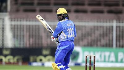 Chris Gayle bats for Balkh during the game between Balkh Legends and Paktia Panthers in the Afghanistan Premier League. Chris Whiteoak / The National