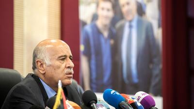 Palestinian chief of Football Associations Jibril Rajoub, speaks and in the background his picture with Argentinian soccer player Lionel Messi, during a press conference in the West Bank town of Ramallah, 07 June 2018. Rajoub referred to the cancellation of Argentina's friendly soccer match against Israel's national team that was schedule in Jerusalem on 09 June and said that this is a correct step. EPA / Atef Safadi