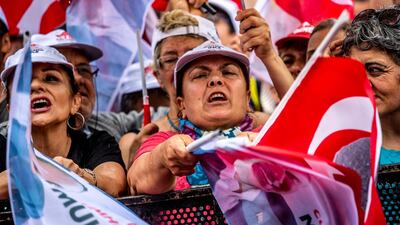 Supporters of Muharrem Ince, presidential candidate of Turkey's main opposition Republican People's Party (CHP), cheer during an election campaign rally in Istanbul, Turkey, on June 23, 2018. Srdjan Suki / EPA